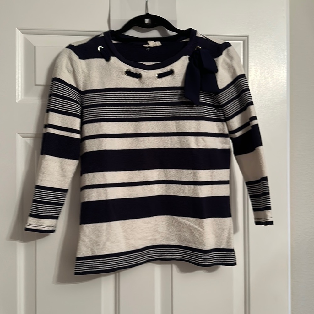 Preowned Maison Jules Striped navy white 3/4 length sleeve top bow size …